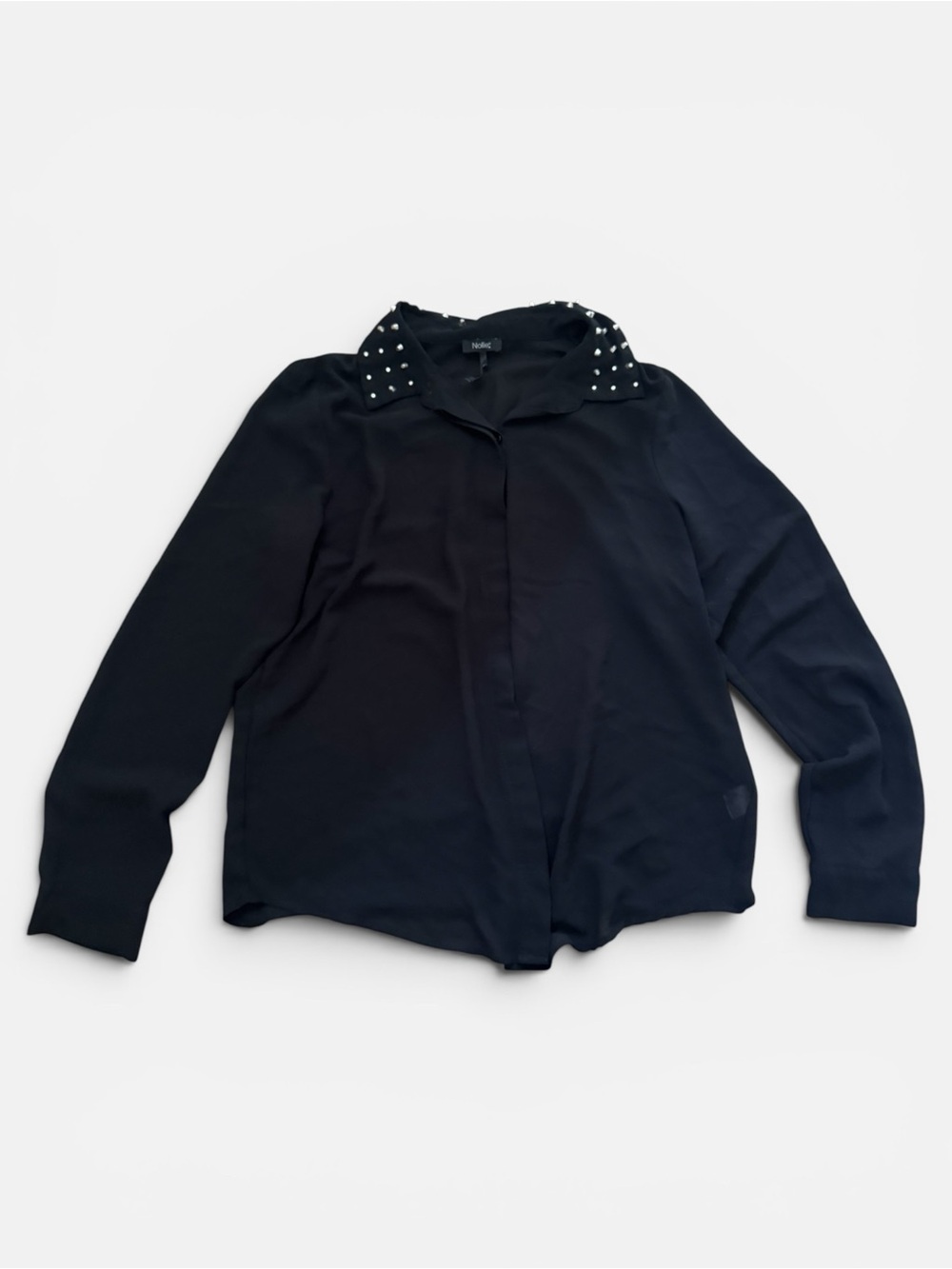 Nollie Black Long-Sleeve Blouse with Studded Collar